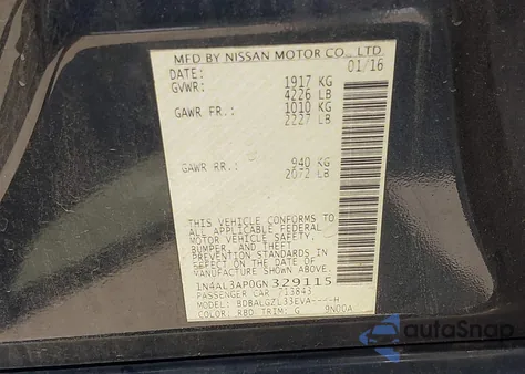 2016 Nissan Altima 2.5/S/Sv/Sl/Sr from USA, damaged, VIN 1N4AL3AP0GN329115